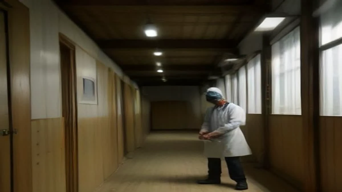 wide establishing shot of a quality inspector in a clean facility holding a magnifier over a manufactured part