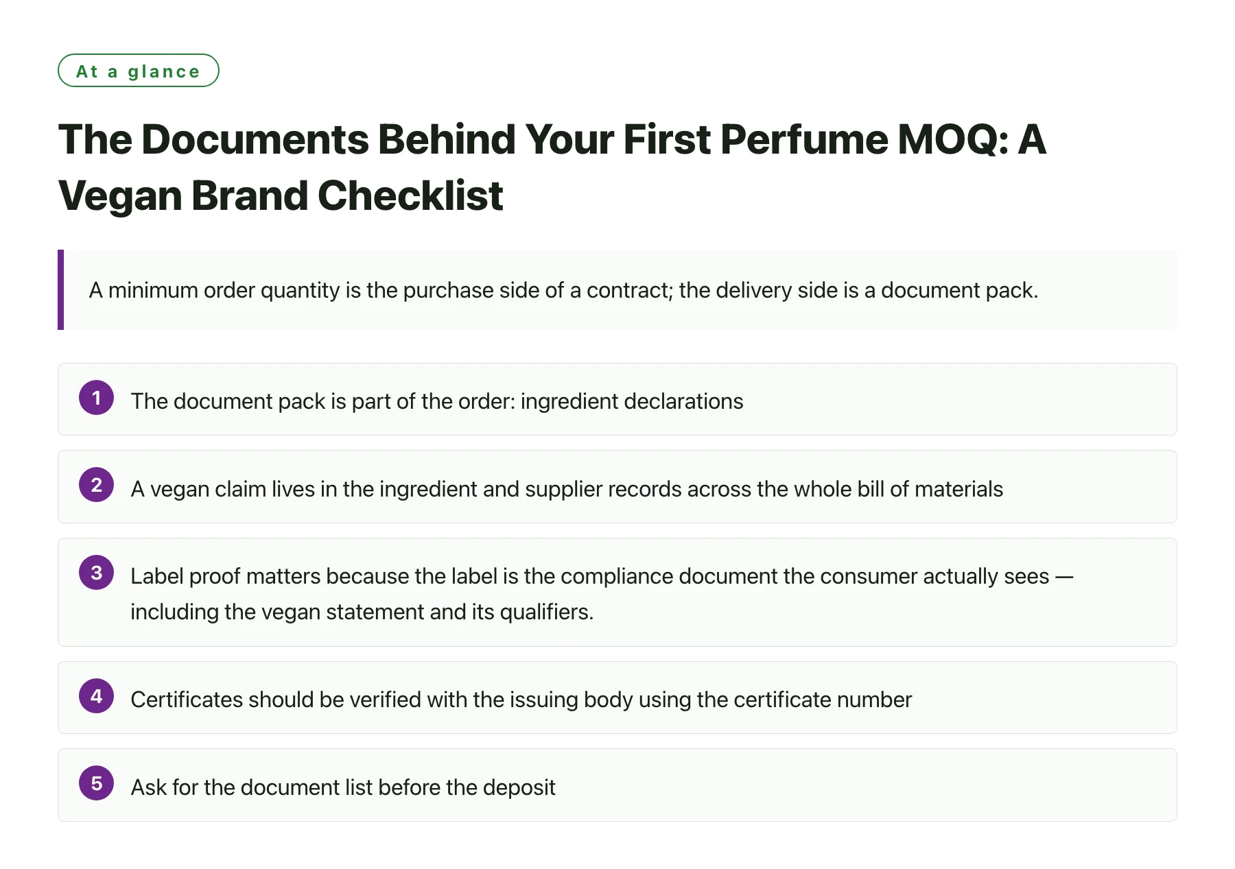 The Documents Behind Your First Perfume MOQ: A Vegan Brand Checklist——全文要点速览